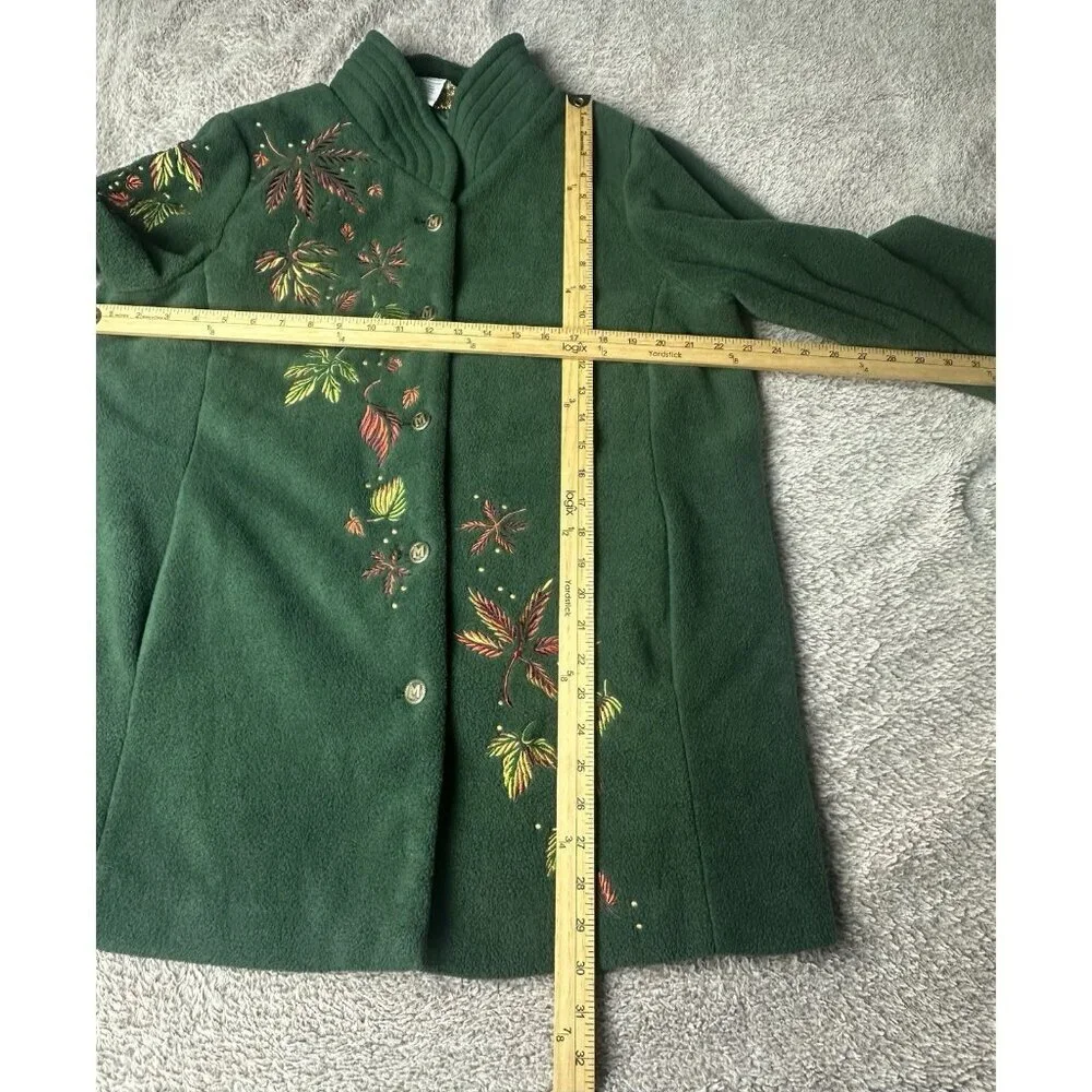 Bob Mackie Embroidered Fleece Jacket Green Button Front Fall Leaves Women’s XL